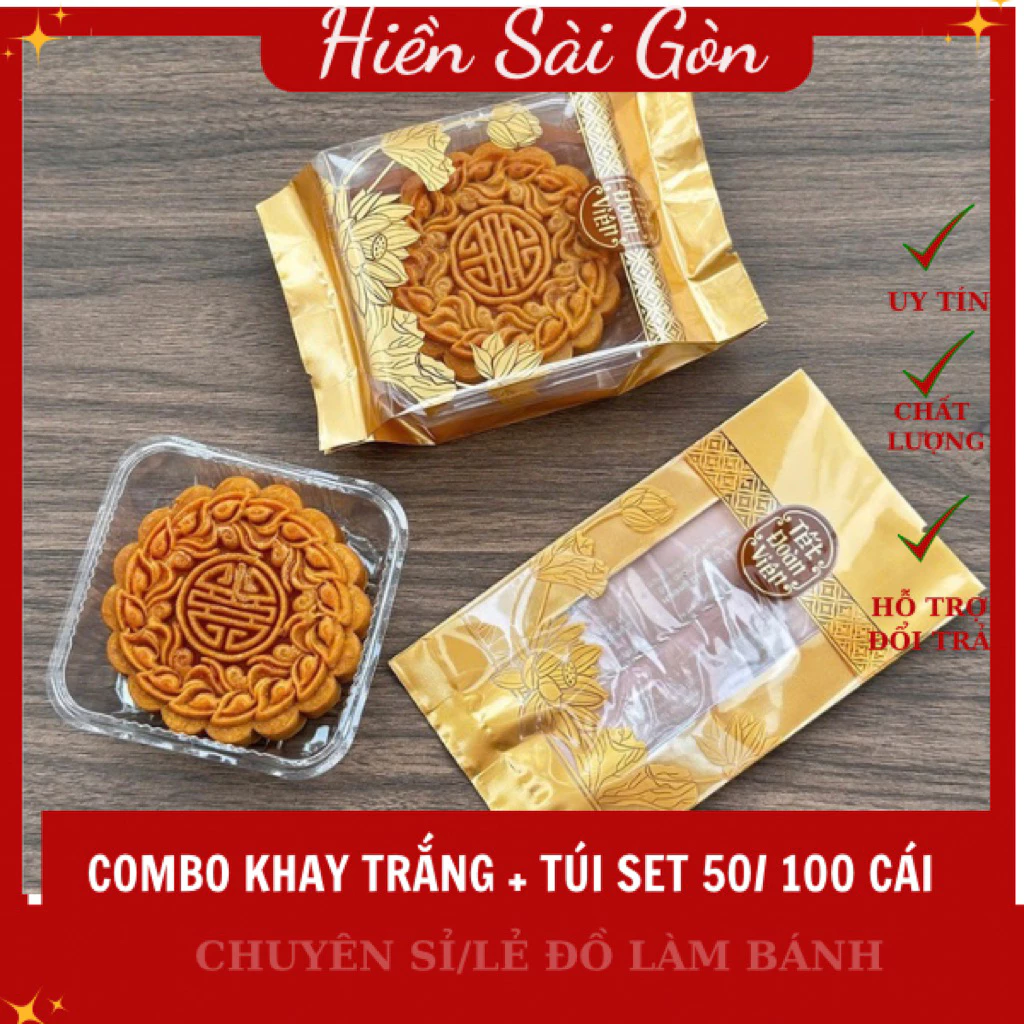 Combo Khay và Túi Đựng Bánh Trung Thu Size 150g/200g/250g - Set 50/100 Cái