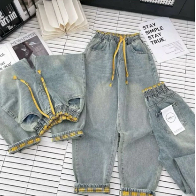 Quần Baggy Jeans Phối Kẻ Cạp-Gấu Chất Jeans Bò Mềm Cạp Chun Có Dây Rút