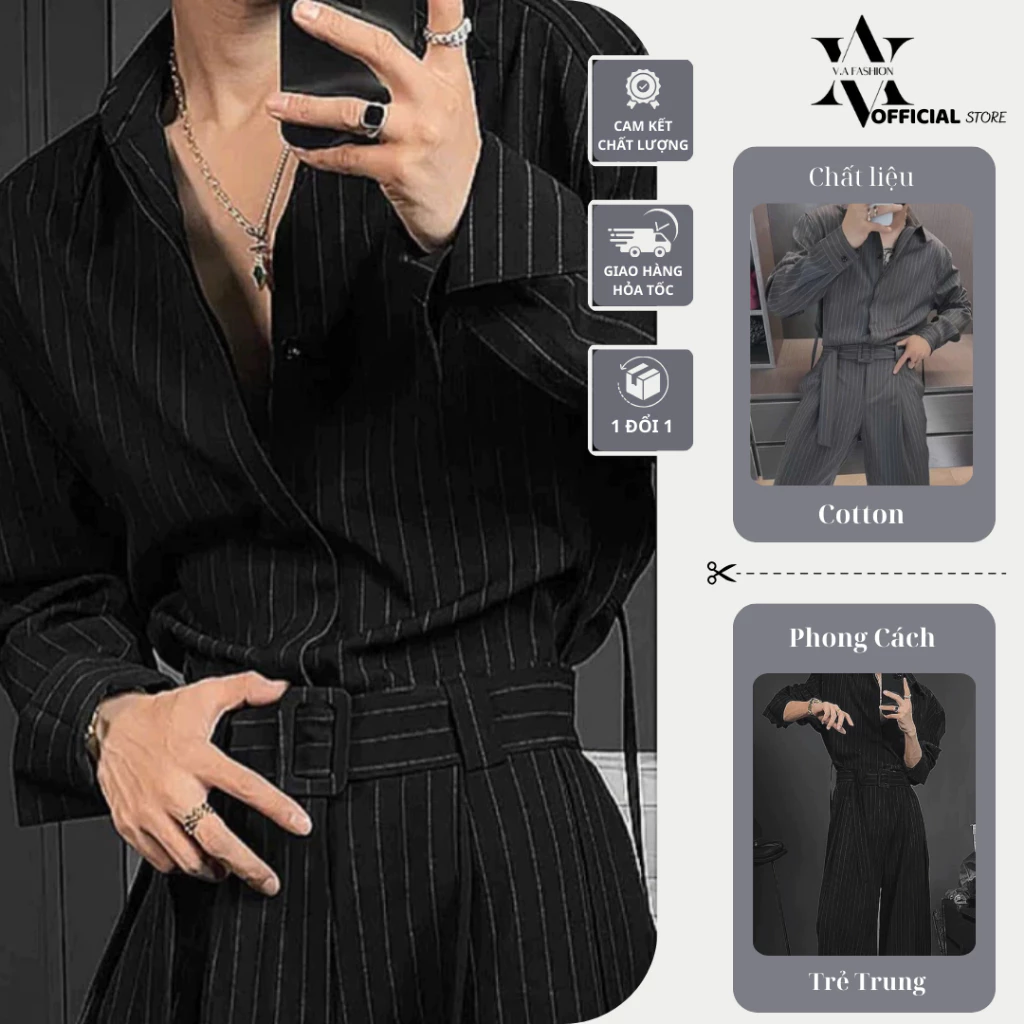 V.A COMBO 1 ÁO 1 QUẦN SƠ MI SỌC Kèm Đai chất Cotton Hàn dầy dặn phong cách trẻ trung năng Động Áo Quần NAM NỮ