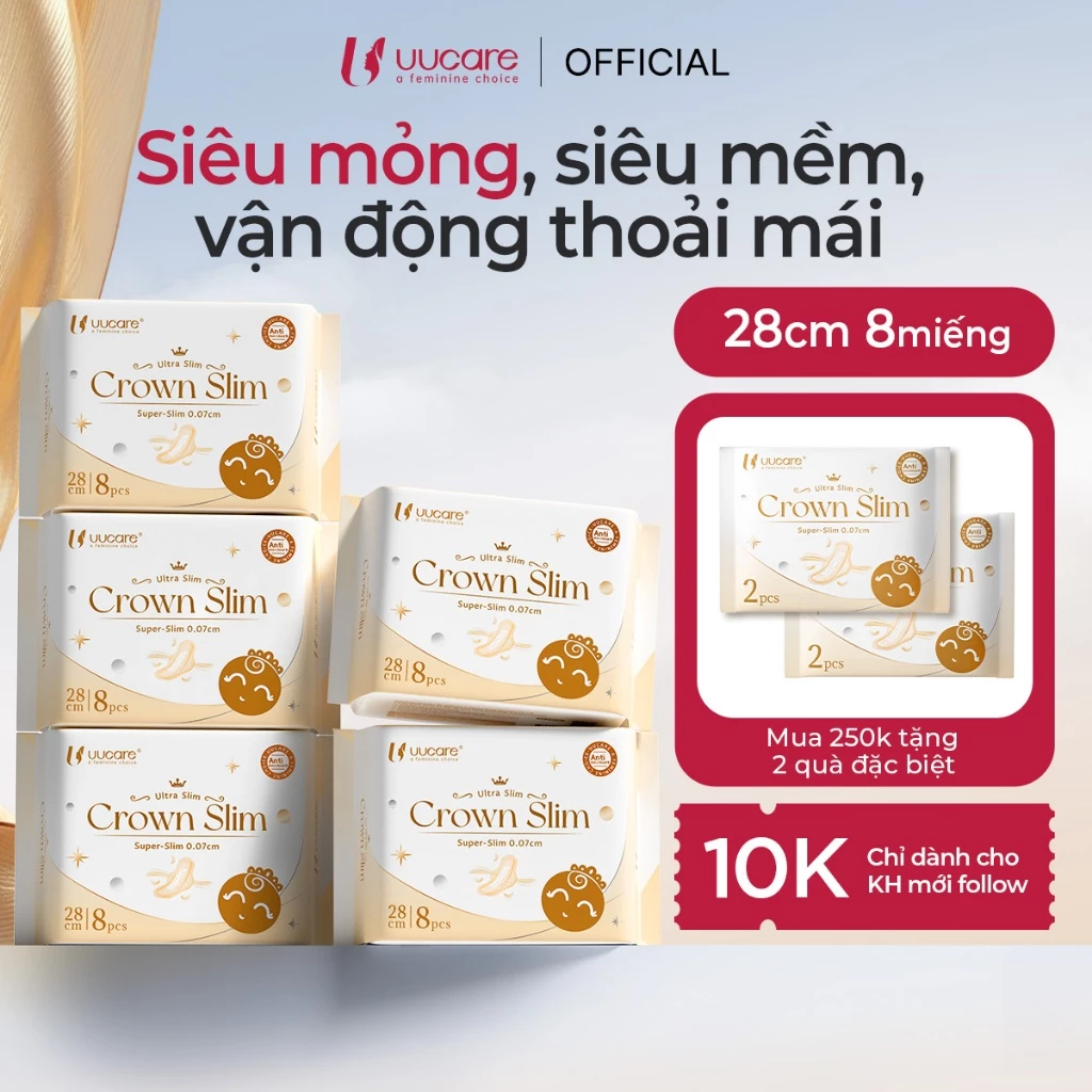 Combo Tiết Kiệm Băng Vệ Sinh UUcare Crown Slim Siêu Mỏng 0.07cm Kháng khuẩn Siêu thấm Ban Đêm 28cm 8 Miếng 5 Gói