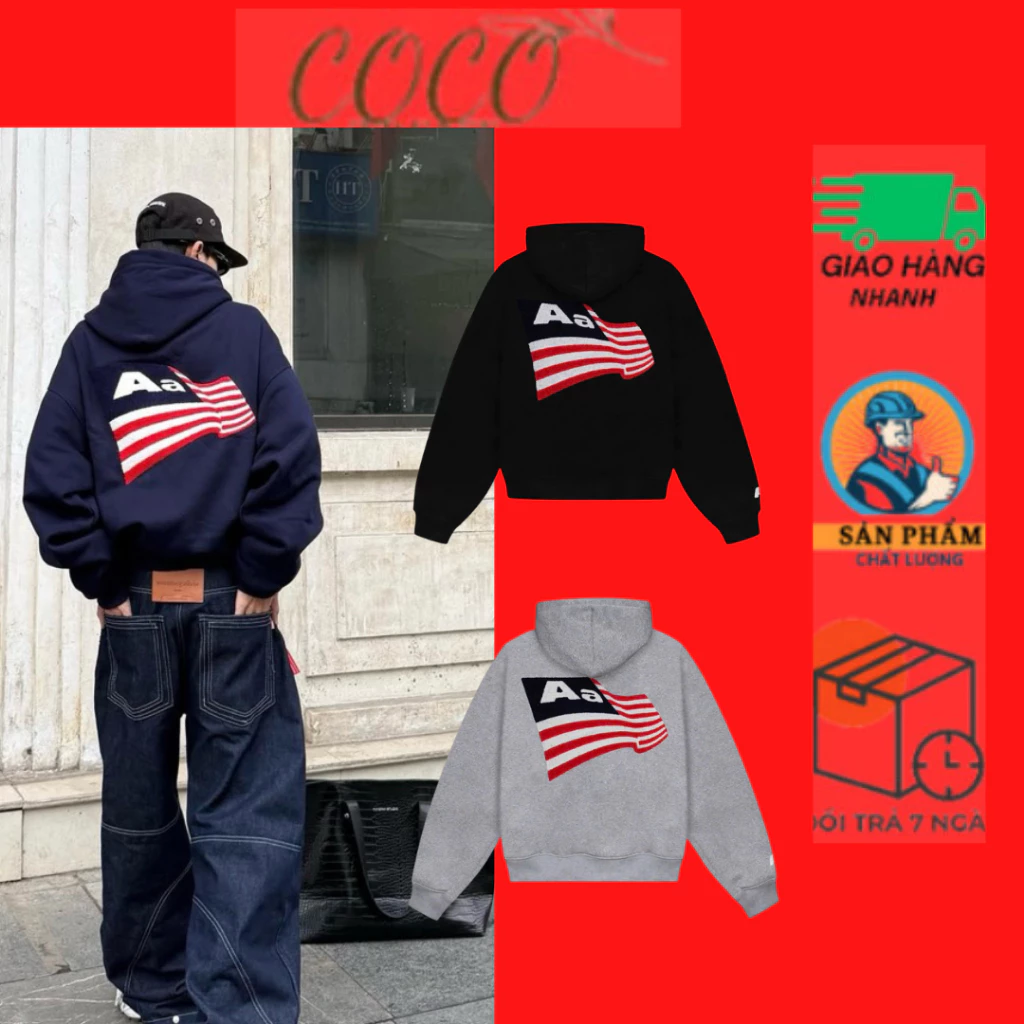 Áo Khoác Hoodie Zip Aastu Form Rộng Boxy Chất Nỉ Chân Cua Thêu Xù Hình Lá Cờ Cực Xịn Hot Trend SS2025 COCOTRENT
