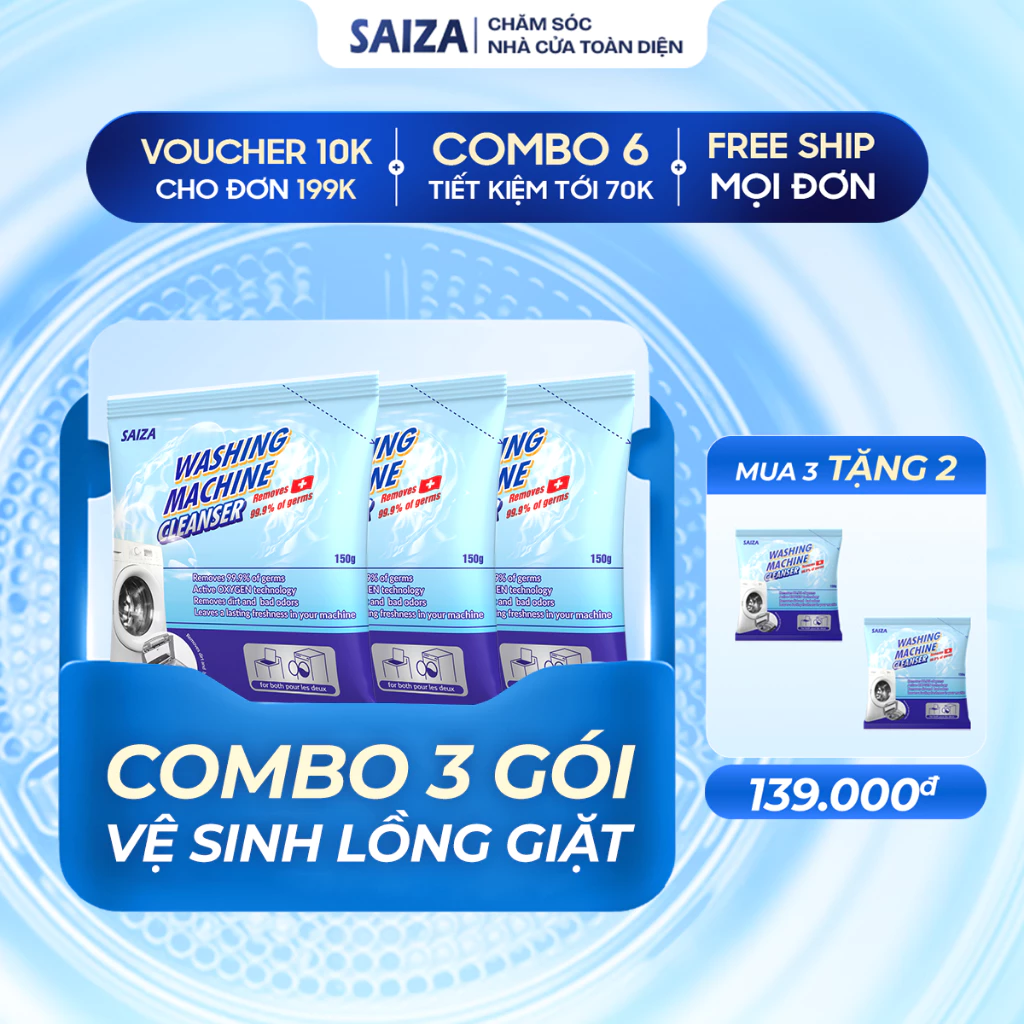 Bột vệ sinh lồng máy giặt SAIZA – Combo 3 tặng 2 gói, làm sạch lồng giặt, khử mùi, diệt khuẩn