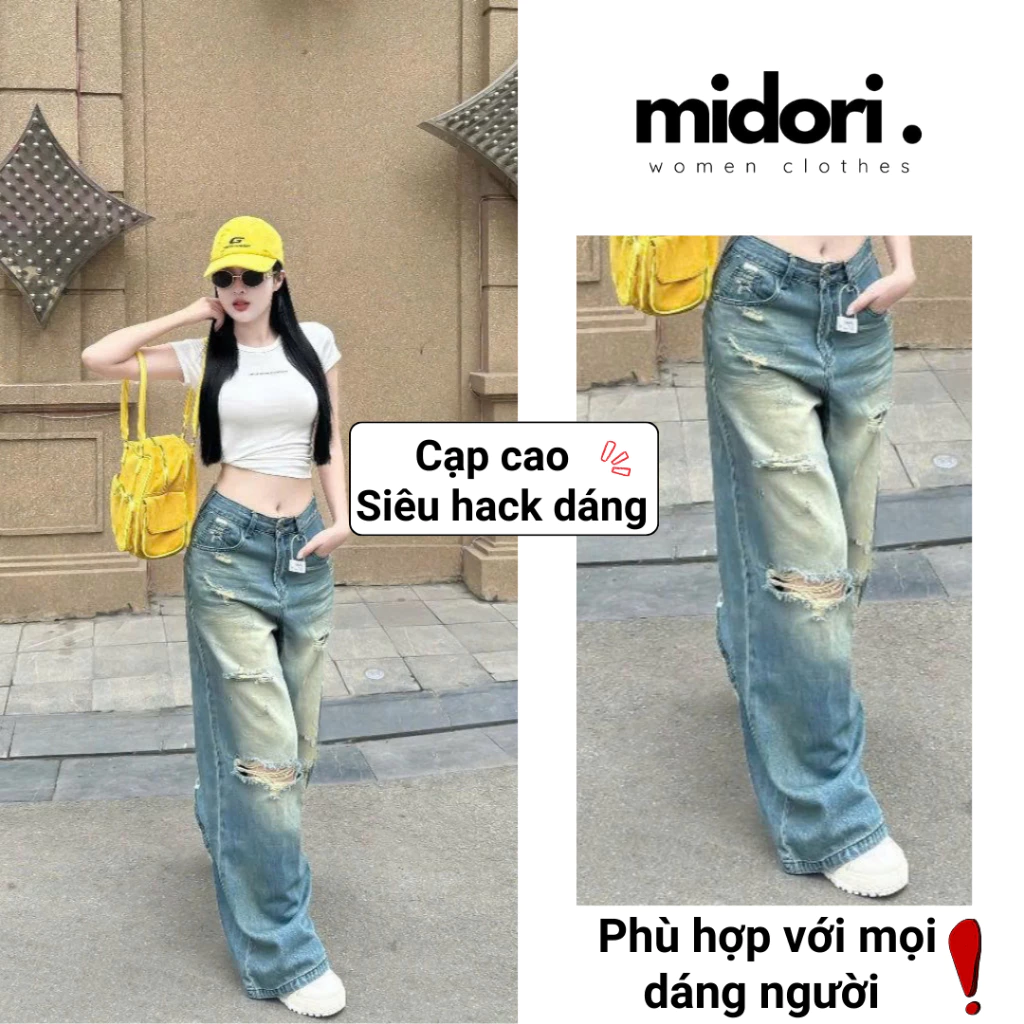 Quần Jean Ống Rộng Nữ Rách Gối Lưng Cao Tôn Dáng MS38, Quần Bò Dáng Suông Nữ Phong Cách Hàn