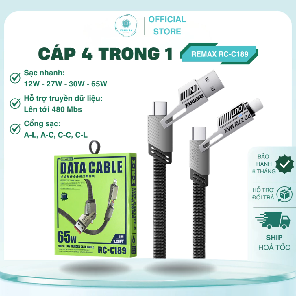 Cáp Sạc Nhanh 4 Trong 1 Remax RC-C189 65W - Sạc Nhanh, Truyền Dữ Liệu, Đa Thiết Bị, Bảo Hành 6 Tháng