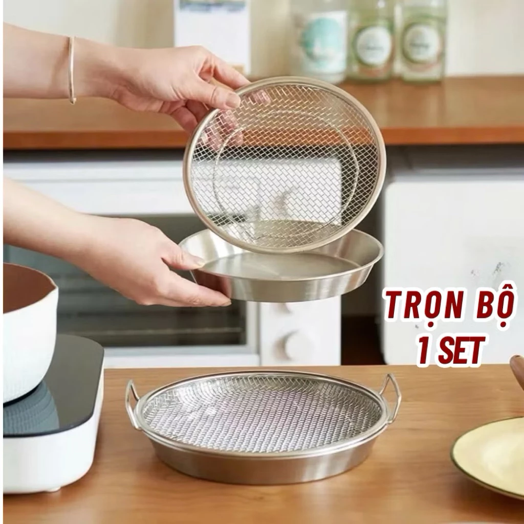 Set Khay Kèm Vỉ Lưới Lọc Dầu Chất Liệu INOX 304 Cao Cấp size 20cm, Đựng Ráo Dầu Thức Ăn Chiên Rán