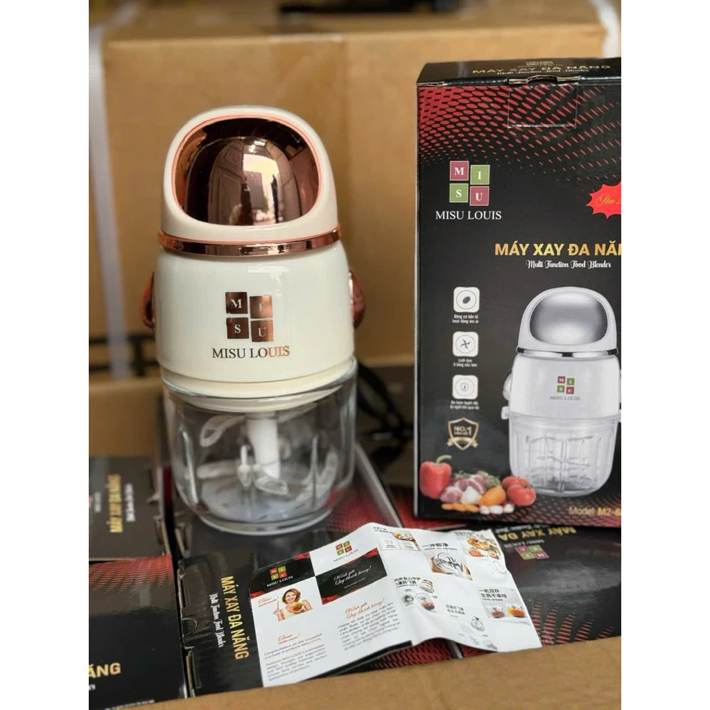 Máy xay đa năng 300ML Misu Louis cối thủy tinh, xay thức ăn dặm, rau củ,6 lưỡi dao dùng tiện lợi