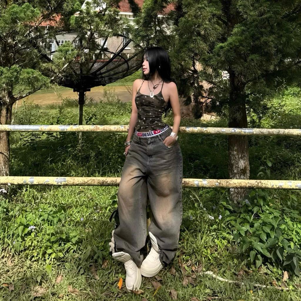 [ 𝐂𝐀𝐌𝐎 𝐒𝐓𝐀𝐑 ] Set áo dây hoạ tiết camo star Slimfit - Quần ống rộng grunge wash jeans | BY DANEJI