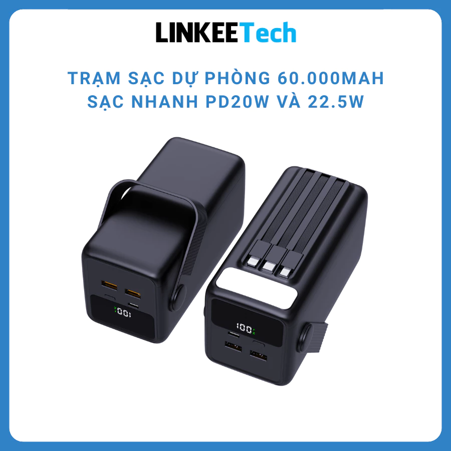 Sạc dự phòng 60000mah sạc nhanh 22.5w dung lượng lớn tích hợp dây sạc cho điện thoại led siêu sang