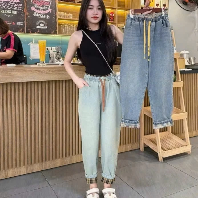 Quần jeans baggy dài gấu phối kẻ màu cho nữ M288