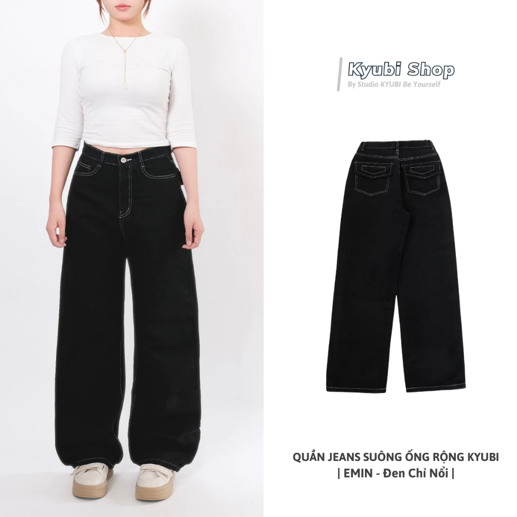 Quần jean nữ ống rộng suông màu đen chỉ nổi kèm đai lưng cúc - Quần jeans ống suông KYUBI JIN23