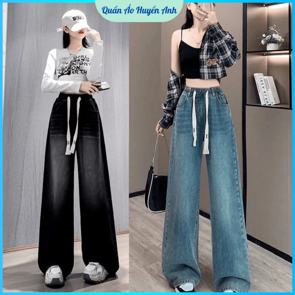Quần jean dài lưng chun ống suông rộng cho nữ[M59]