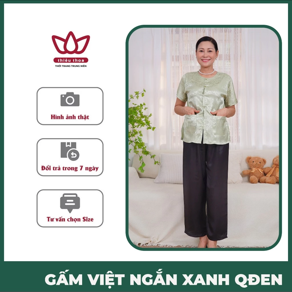 Set Đồ Bộ Trung Niên Nữ Top 2025 Gấm Lụa Loại 1 Không Nhăn ,Bộ Đồ Mặc Nhà Quần Đen-Thiều Thoa Store