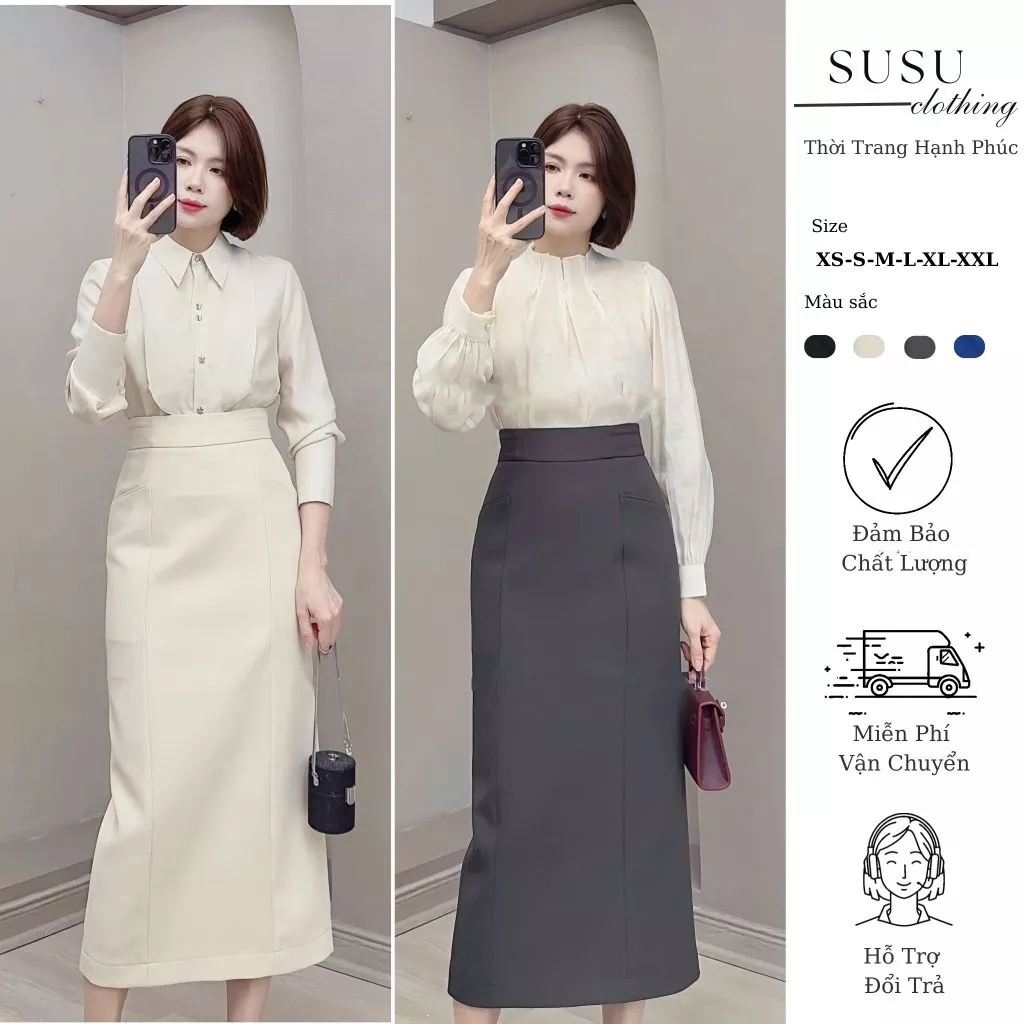 SusuClothing Chân váy dáng suông dài có túi cạp cao cách điệu mí viền dài 88cm CV88