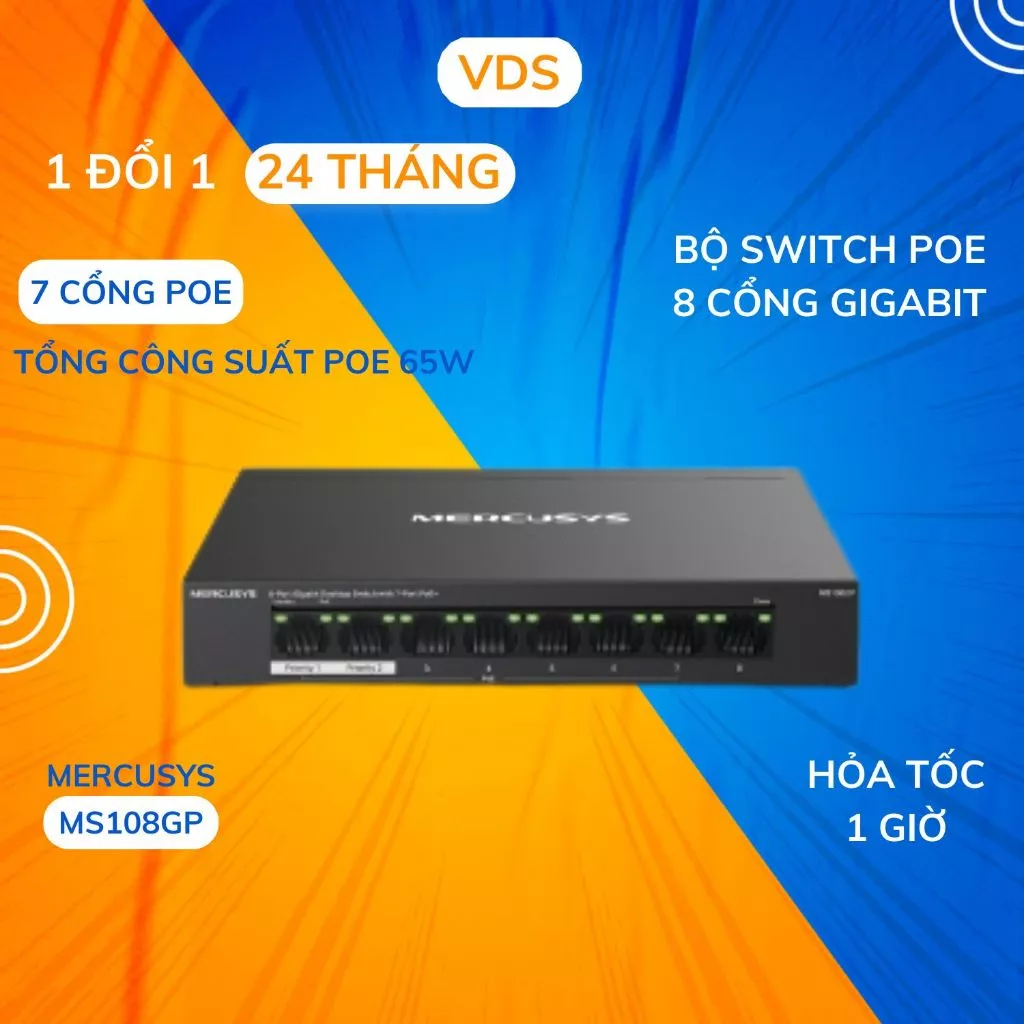Switch Chia Mạng Mercusys MS108GP (8 cổng 10/100/1000Mbps với 7 cổng PoE+, vỏ kim loại) - Bảo hành 24T