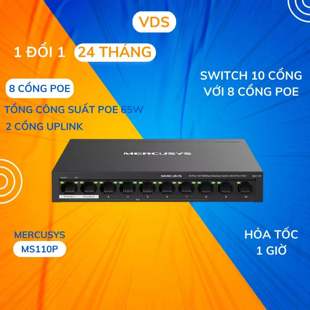 Switch Chia Mạng POE Mercusys MS110P (10 cổng 10/100Mbps với 8 cổng PoE+, vỏ kim loại) - Bảo hành 24T