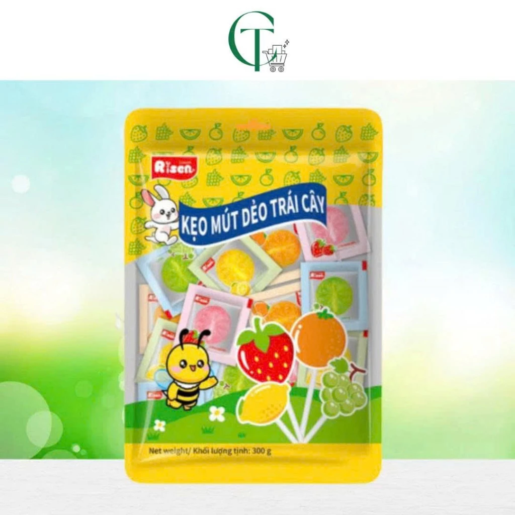 Kẹo Mút Dẻo Risen 300g (40 Cái) Hương Cam, Nho, Chanh, Dâu Kẹo Mềm Ngọt Dịu