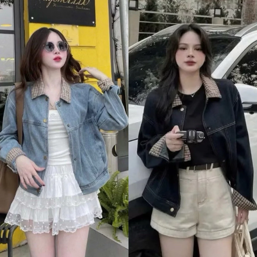 Áo khoác bò nữ phối kẻ caro phom lửng kiểu dáng Hàn Quốc sẵn 2 màu basic