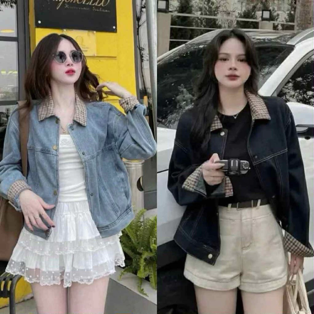 Áo khoác jeans denim phối kẻ cổ tay phom dáng basic sẵn 2 màu hot