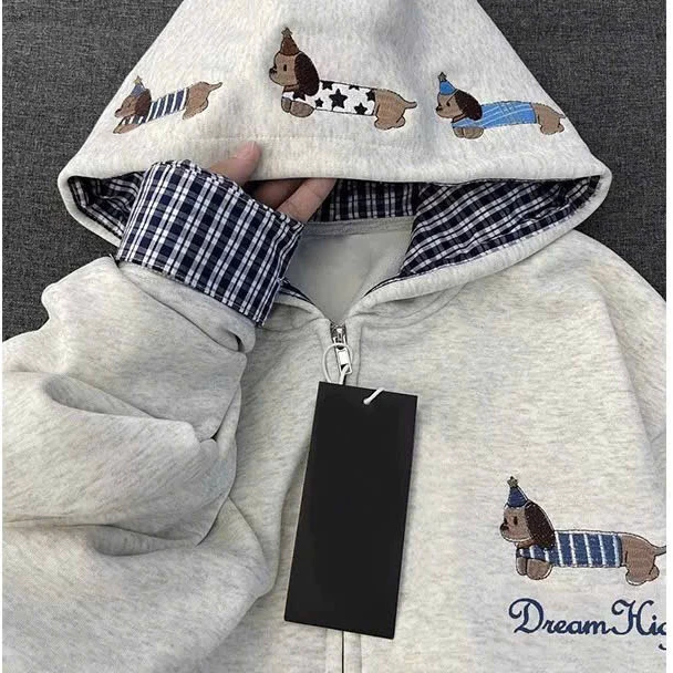 Áo Khoác Hoodie Zip Jinmi Thêu Hình Cute Phối Kẻ Cá Tính Áo Khoác Nỉ Có Mũ Form Rộng Chất Liệu Nỉ Cotton Dày Dặn