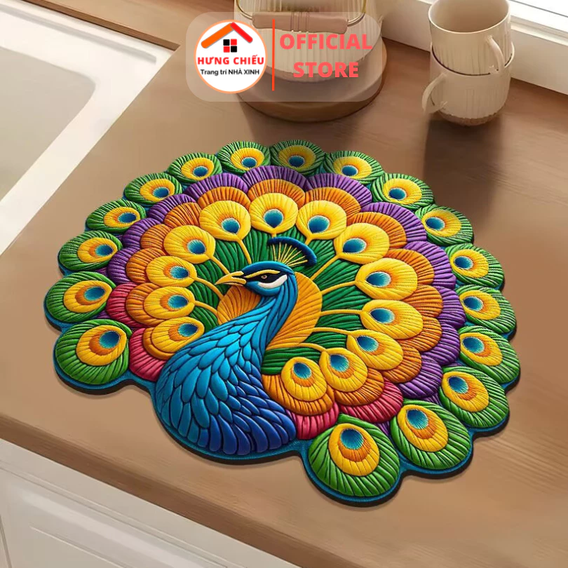 Thảm trải sàn tròn hình con công bali nỉ lì trang trí nhà cửa xinh 2 kích cỡ 60cm và 1m - Hưng Chiếu ED03