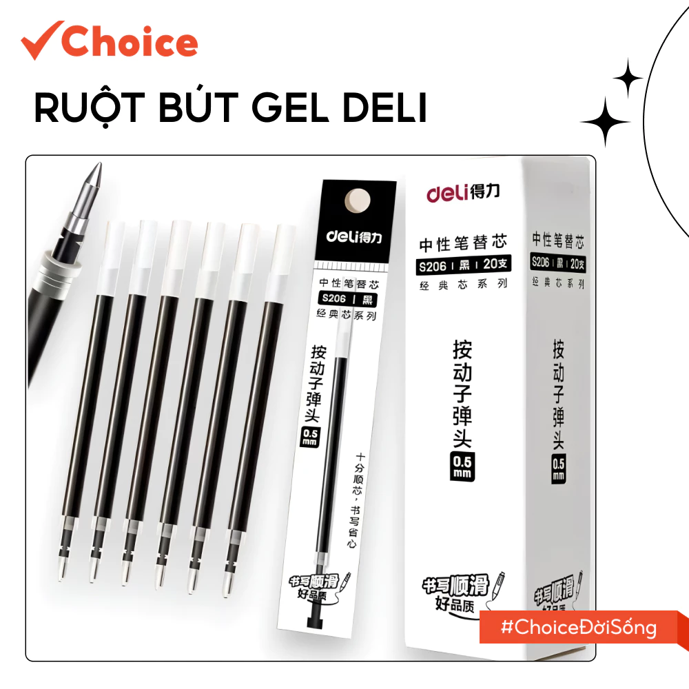 [Choice] Ruột Bút Gel Deli S206-DE-01 / S206-XD-01 0.5mm Dễ Dàng Thay Thế