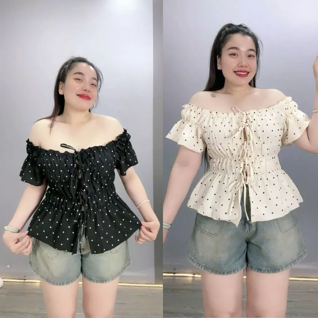 Áo Thun Kiểu Trễ Vai Bigsize Nữ Họa Tiết Chấm Bi Cột Nơ Xinh Tay Bèo, Áo Kiểu Bigsize Cô Nhỏ - A295