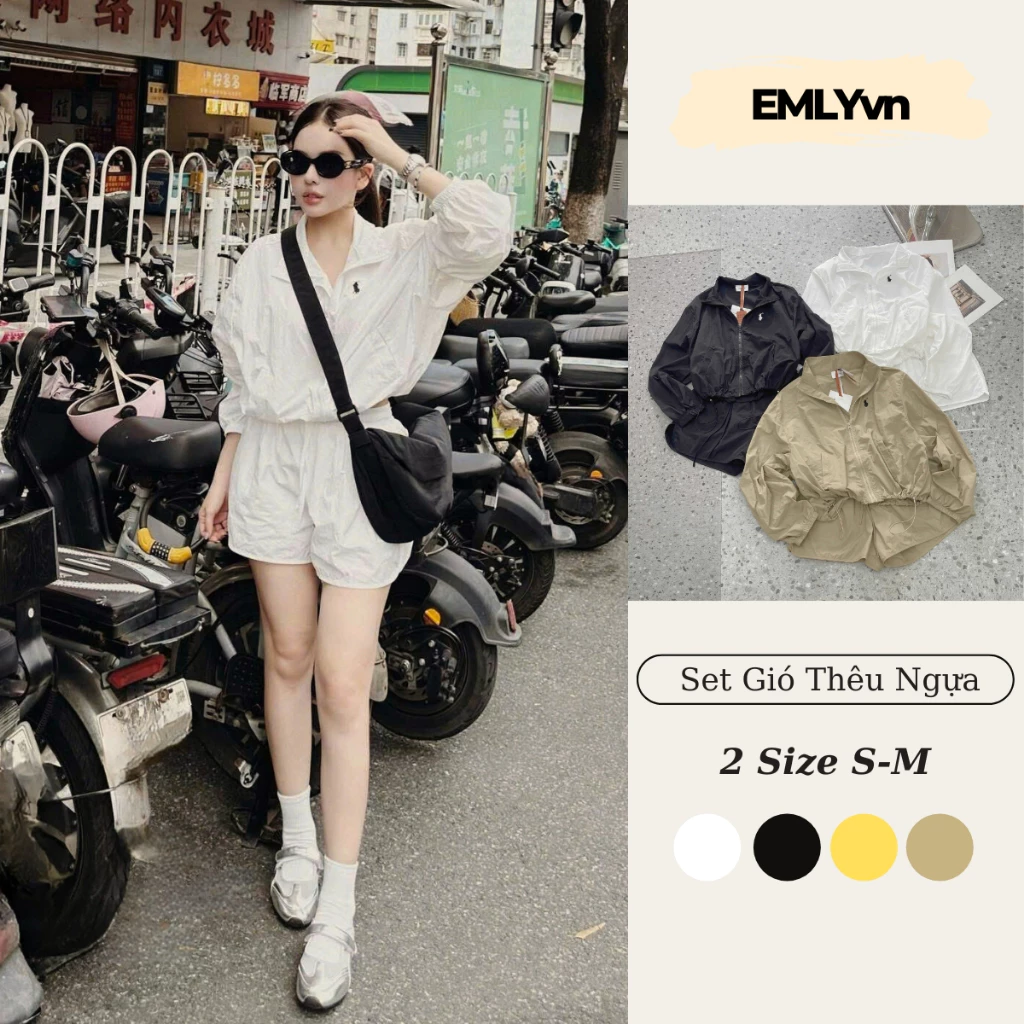 EMLYvn -  Set Áo Khoác Gió Nhăn Nữ Kèm Quần Short Thêu Ngựa, Bộ Đồ Nữ Khóa Kéo Thể Thao Form Rộng Cá Tính