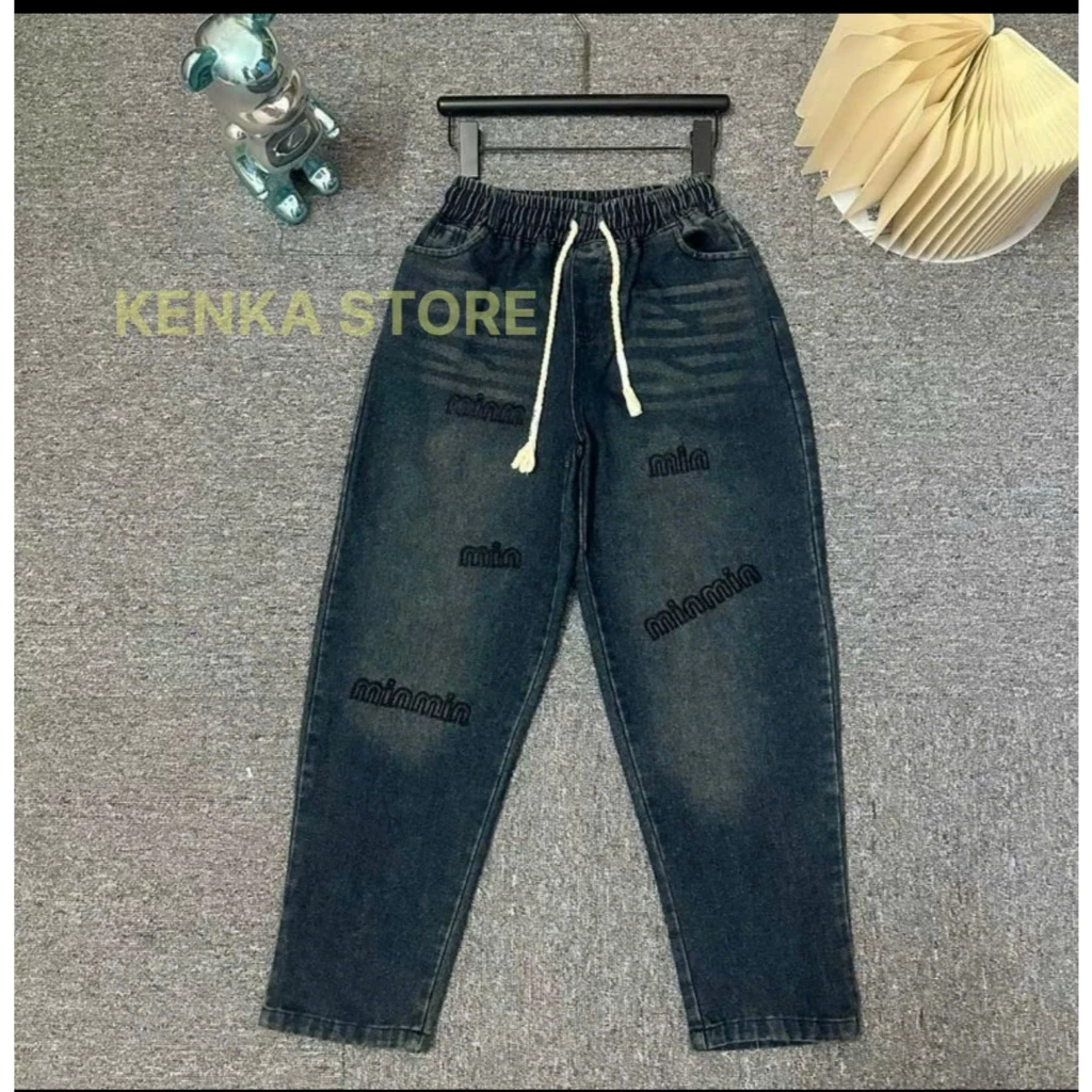 Quần jean Nữ dáng baggy lưng chun thêu minmin siêu hot có dây rút bigsize 75kg