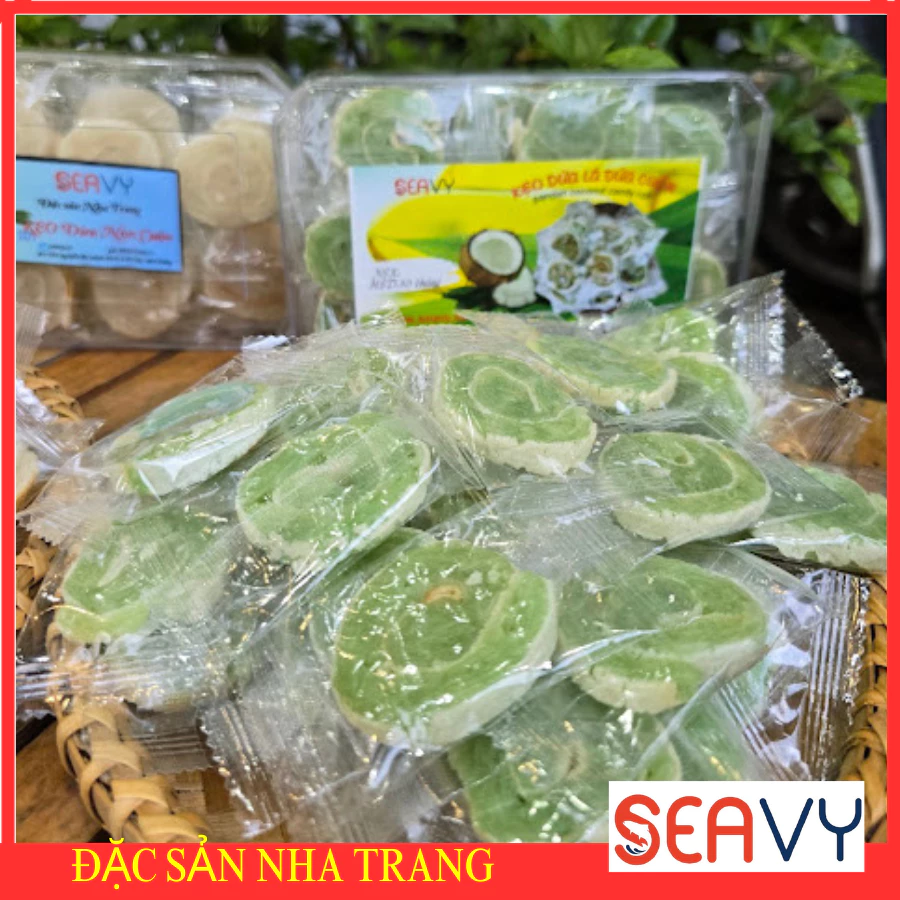 Kẹo dừa non cuộn vị lá dứa 200 gram mềm dẻo thơm ngon ngọt thanh nhâm nhi ăn vặt rất ngon