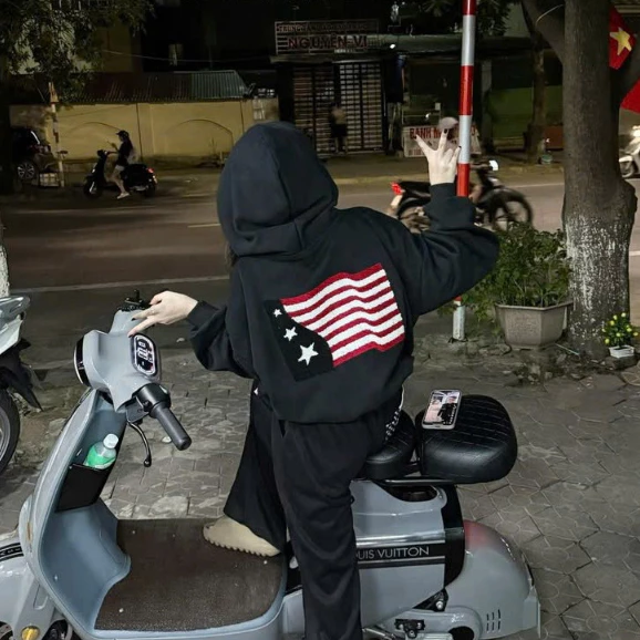 Áo Hoodie Zip Thêu Xù Hình Lá Cờ From Rộng Chất Nỉ Dày Dặn Không Bai Xù - Áo Khoác Nỉ Có Mũ Thêu Hình lá Cờ Ngôi Sao