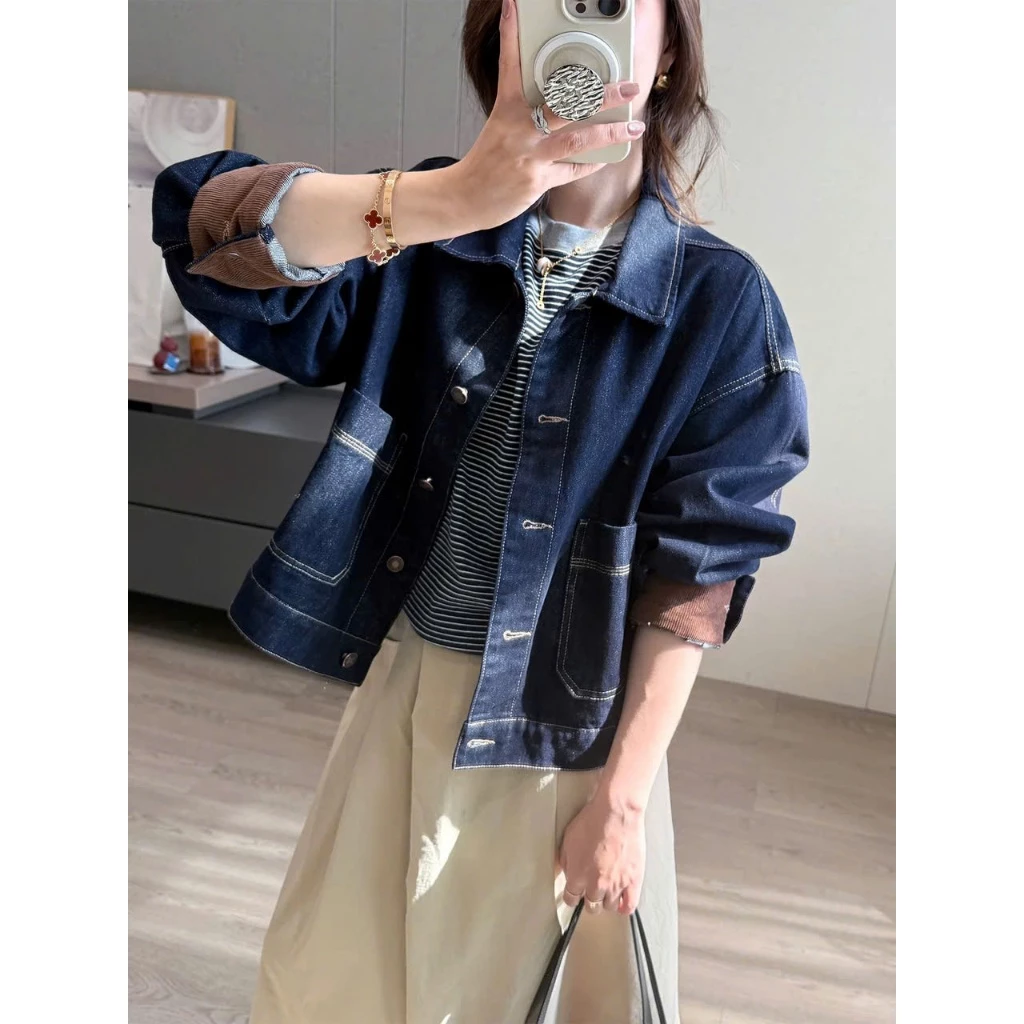 Áo khoác jean denim dáng rộng unisex phối gấu tay nhung nâu thời trang Hàn Quốc