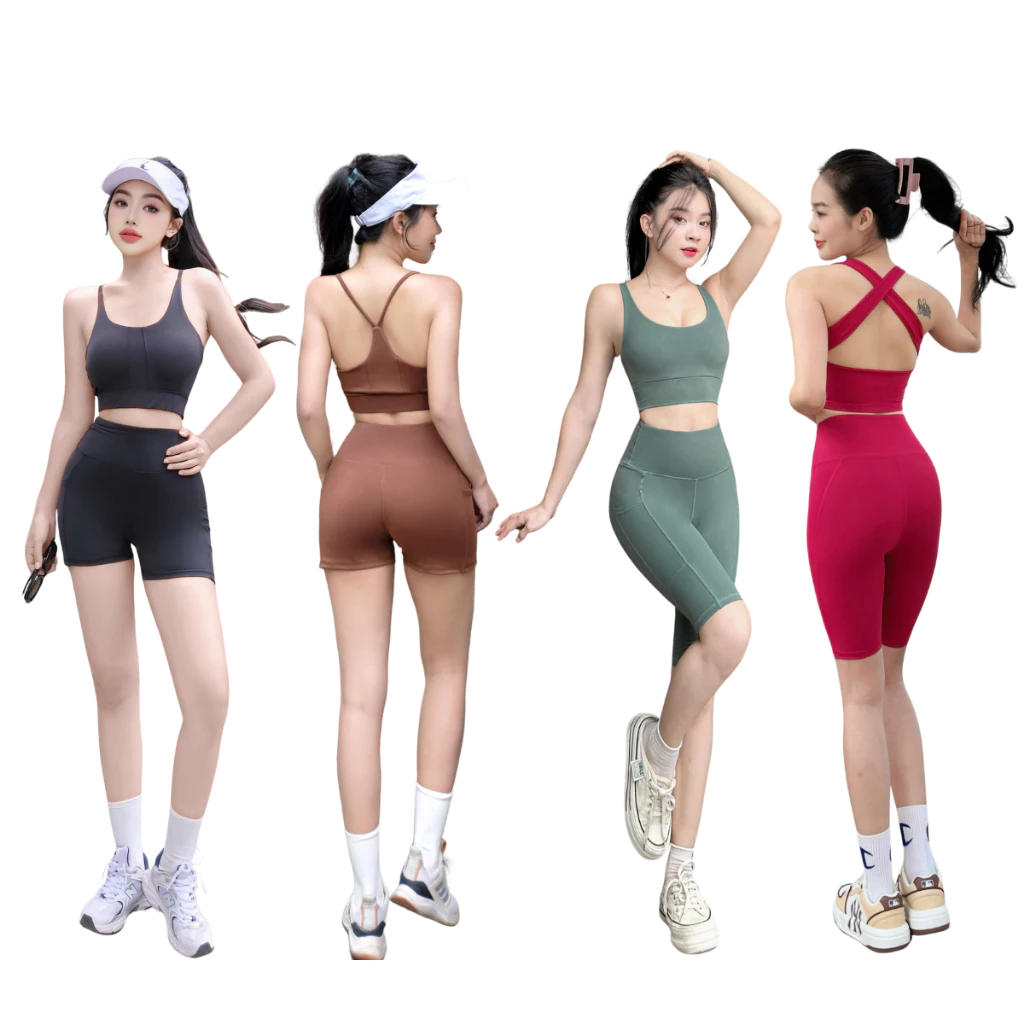 Bộ Đùi Áo Bra Tập Gym Yoga Aerobic Nữ Quần Đùi Ngố Cạp Cao Chất Vải Thun Poly Cao Cấp Kèm Sẵn Mút- NG15/NG26/NG28/NG31
