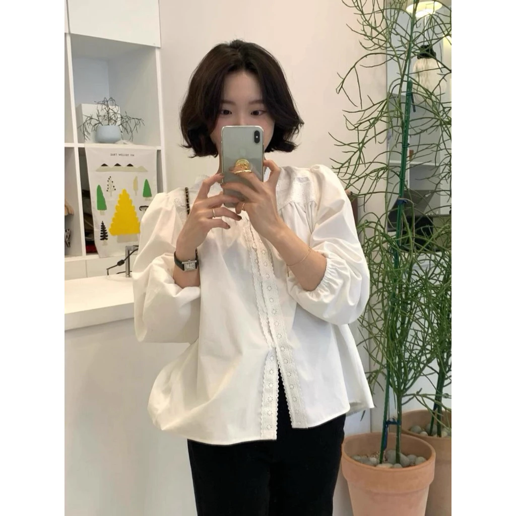 Áo sơ mi nữ tay dài chất thô boi cổ V viền ren cách điệu hàng chuẩn QC - AL2508