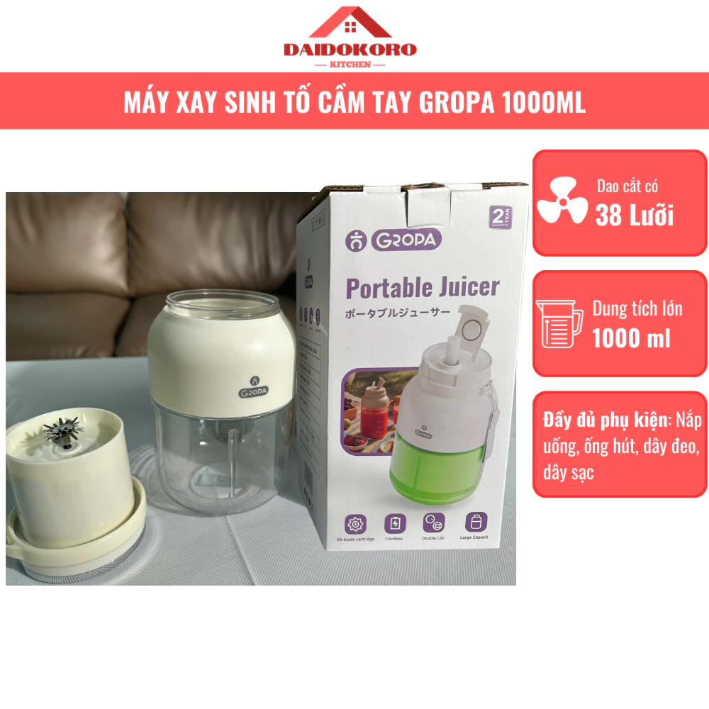 Máy Xay Sinh Tố Cầm Tay GROPA VOVI Dung tích Lớn 1000ml Lưỡi Do 38 Cánh Không Cần Cắm Điện