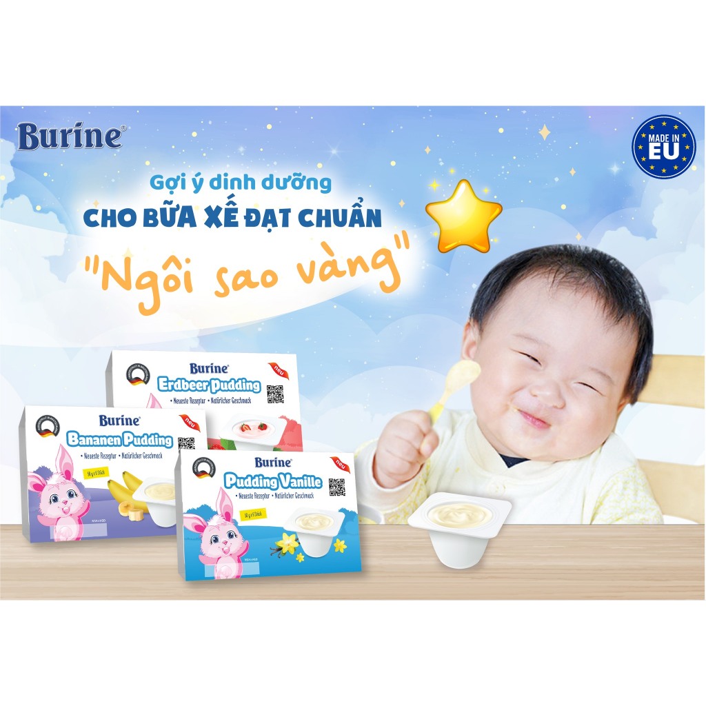 Pudding ăn dặm cho bé Burine Đức Pudding cho bé từ 6 tháng Dâu/Chuối/Vani Vỉ 6…