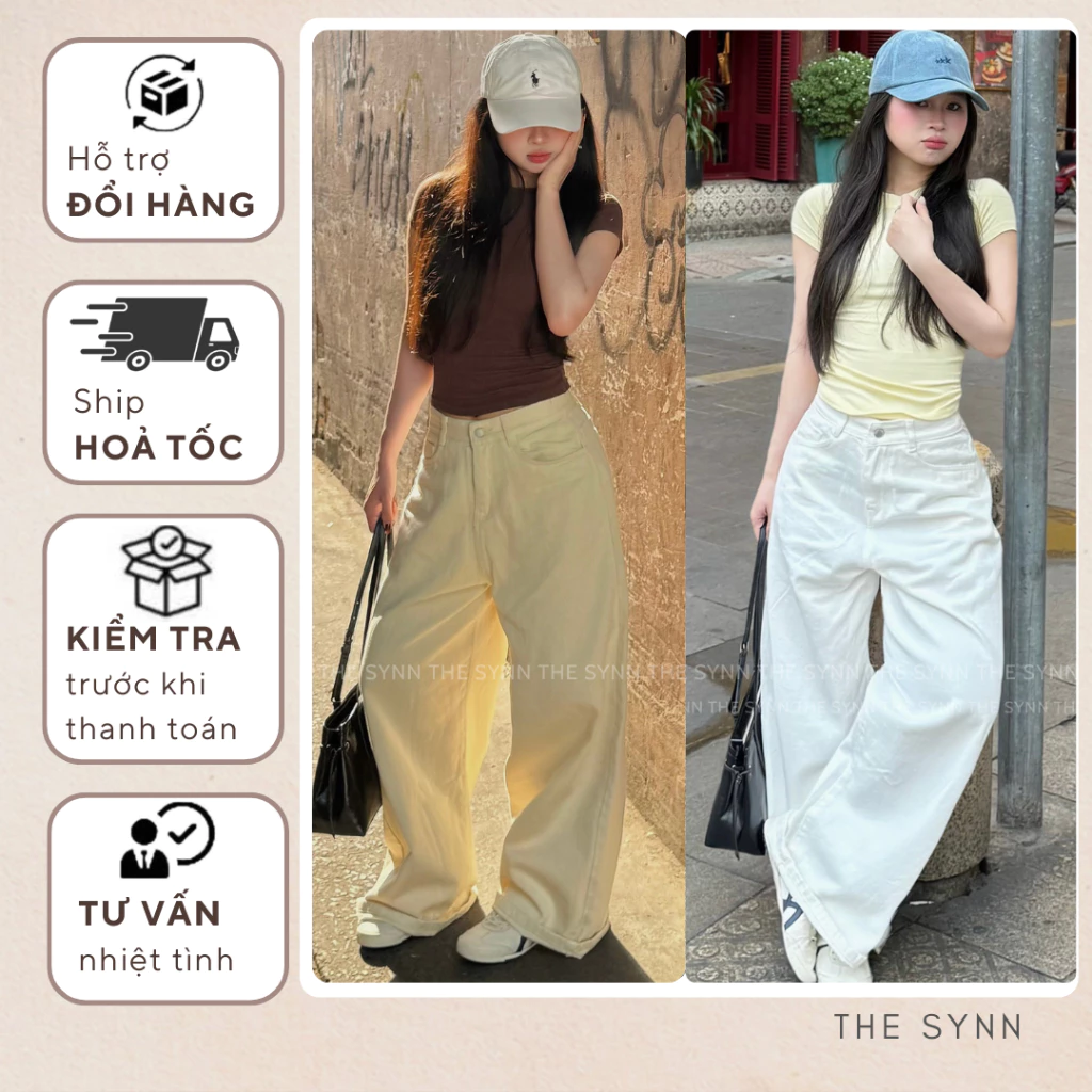 Q21 - Quần Jeans Ống Rộng Nữ Lưng Cao Form Rộng Màu Be Phong Cách Thoải Mái