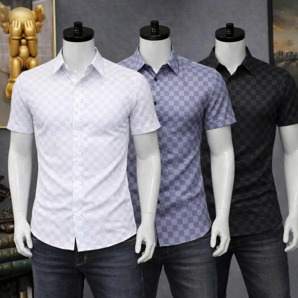 áo sơ mi tay ngắn  vải lụa mềm mịn , phối họa tiết caro o nhỏ trẻ trung-BQT77 SHOP