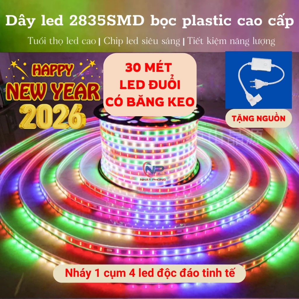 30Mdây đèn led trang trí nháy đuổi bọc pvc chống nước có băng keo dán 5M,10M,15M,20M,25M tặng nguồn,đèn led hắt trần,cây