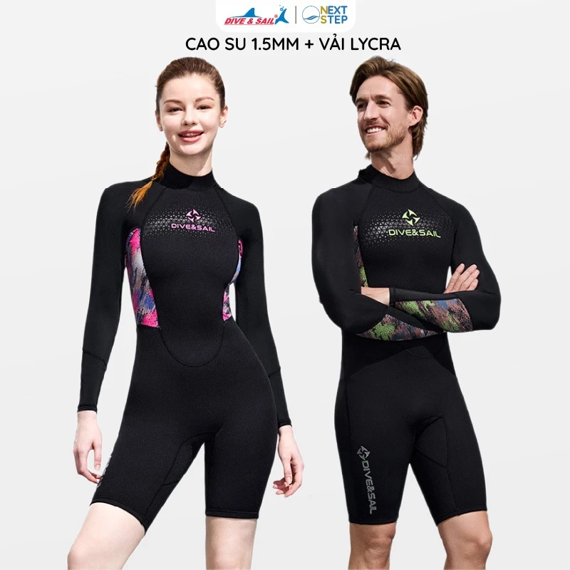 Đồ bơi giữ nhiệt nam nữ Dive and Sail liền thân tay dài cao su dày 1.5mm giữ ấm khi bơi lặn