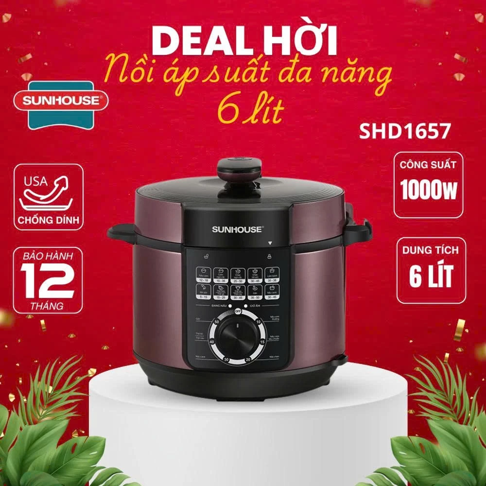 Nồi áp suất điện Sunhouse SH1550, Công suất 1000W, Dung tích 5 lít, Van xả chống bỏng