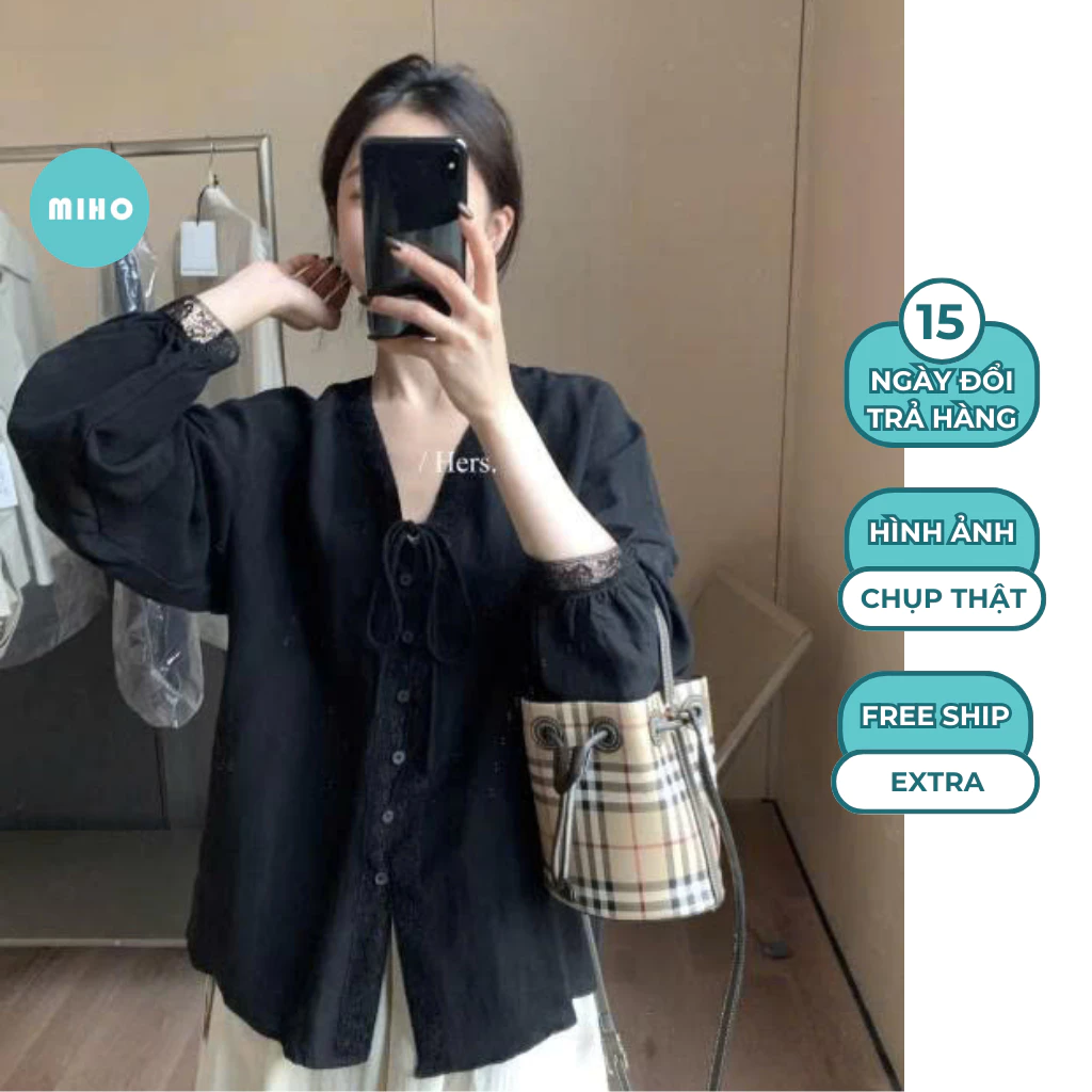 Áo sơ mi cổ V viền phối ren nẹp trơn Miho House