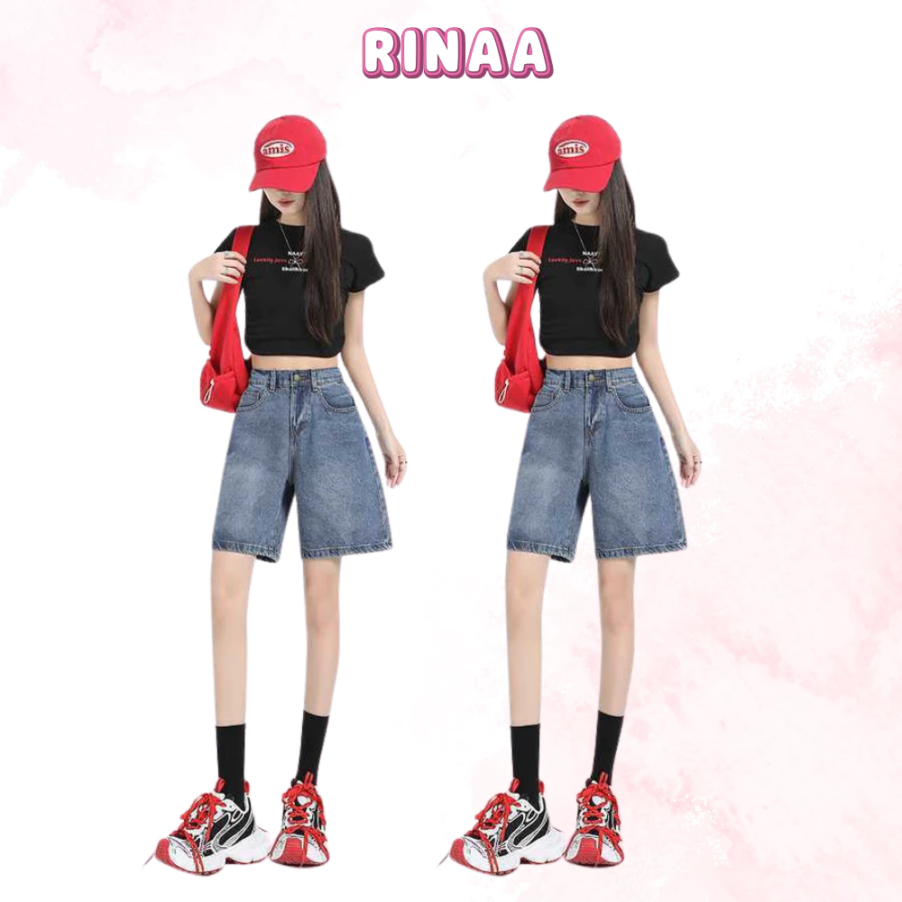 Quần Jean ngố nam nữ ống rộng, quần short lửng thêu unisex cạp cao RINAA thời trang hot hit mùa hè