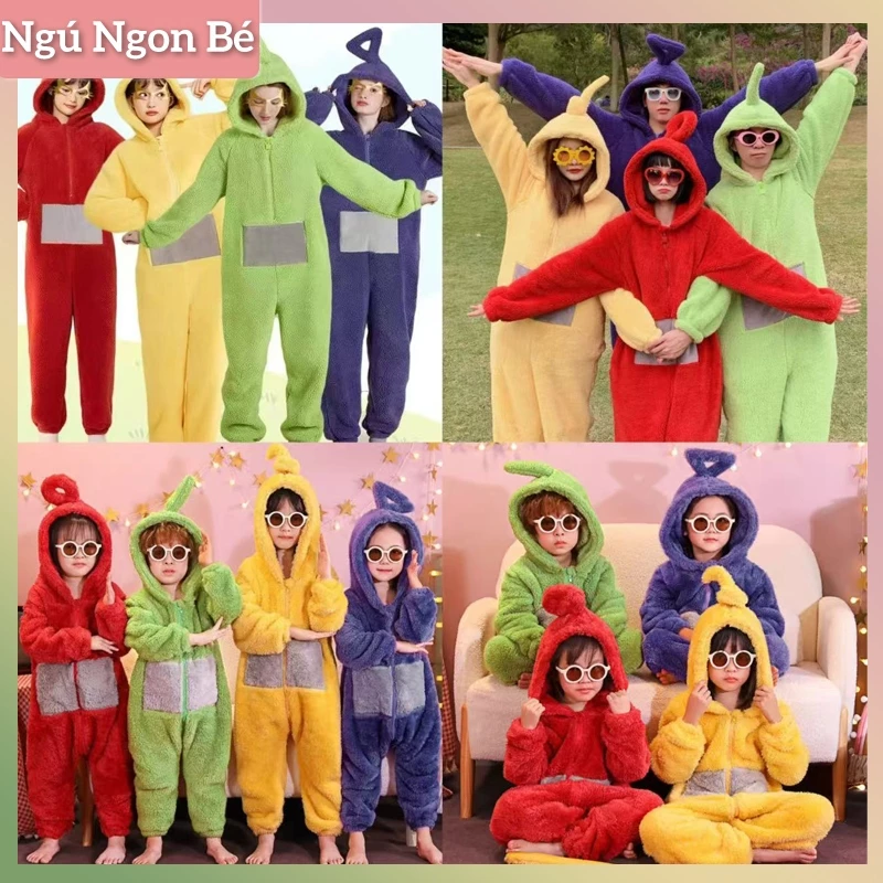 🔥Teletubbies quần áoTrang phục nhập vai,Áo liền quần flannel unisex,Đồ ngủ liền thân dễ thương mới
