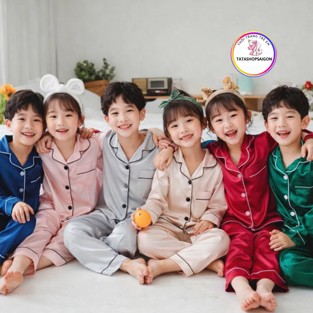 Bộ pijama bé gái lụa trơn Bộ dài tay bé trai mặc ngủ thu đông lụa latin 11 đến 50kg từ 1 tuổi đến 15 tuổi