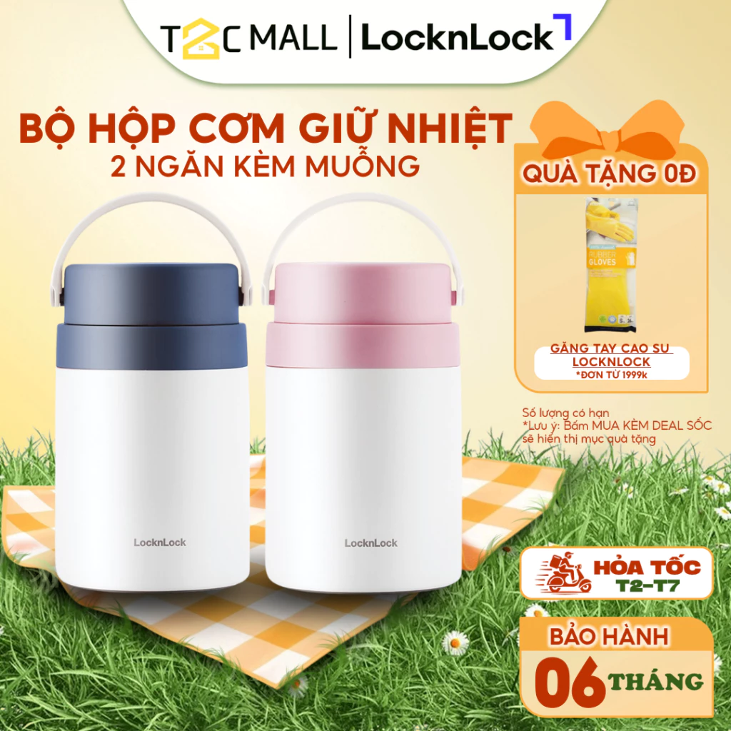 Bộ Hộp Cơm Giữ Nhiệt LocknLock 700ml 2 Ngăn Kèm Muỗng Inox Đựng Cơm Hoặc Ủ Cháo LHC8042 - T2Cmall