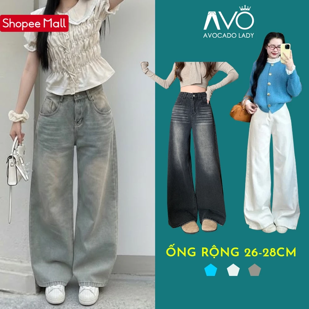 Quần Jeans Ống Suông Rộng Nữ Đứng Avo Avocado Cạp Cao Màu RETRO, Quần Bò Ống Rộng Chất Jean Mềm Form Unisex_VER1