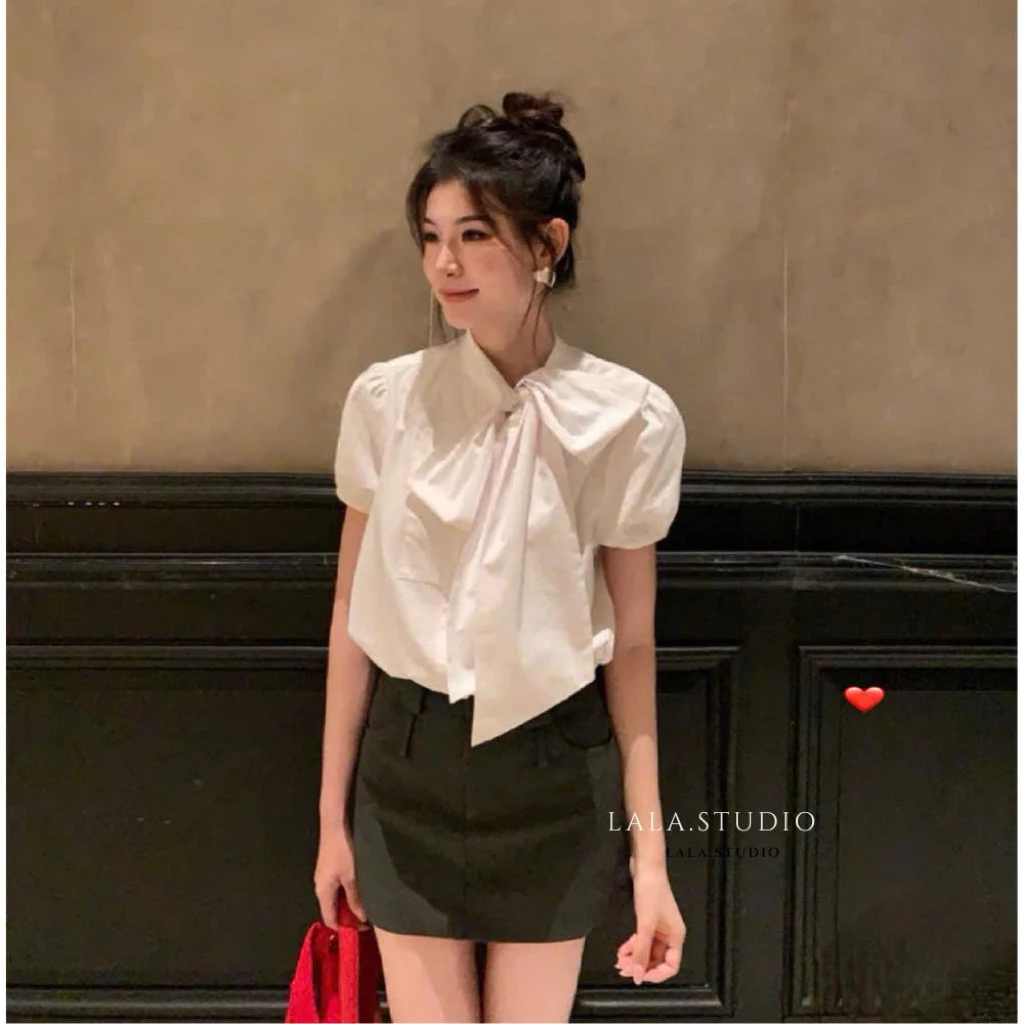 Aimeé•LALASTUDIO• Áo sơ mi cộc tay cổ nơ tiểu thư thanh lịch, áo sơ mi cách điệu cao cấp (hàng chuẩn)