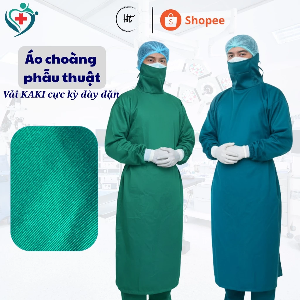 Áo choàng mổ, áo choàng phẫu thuật, vải KAKI cực kỳ dày dặn (size <80Kg)