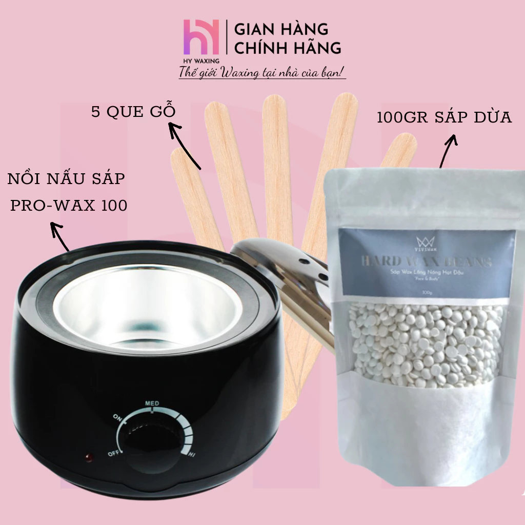 [CHE TÊN] Combo 100gr Sáp Sữa Dừa Premium + Nồi Nấu Sáp Wax Lông ProWax100 HY WAXING Tặng Kèm Que