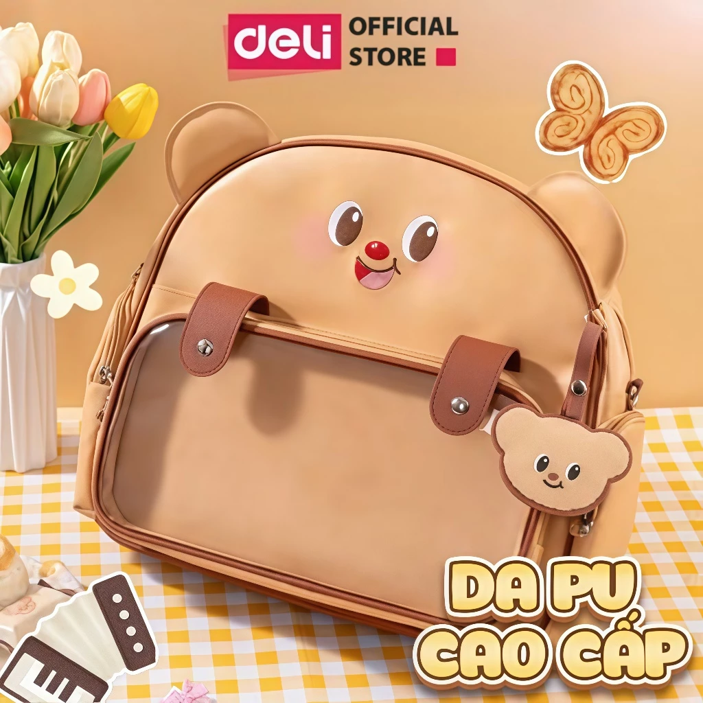 Balo Cặp Sách Đi Học ButterBear x Deli - Thiết Kế Gấu Bơ Dễ Thương Chất Liệu Da PU Cao Cấp Đi Học Học Sinh Trẻ Em